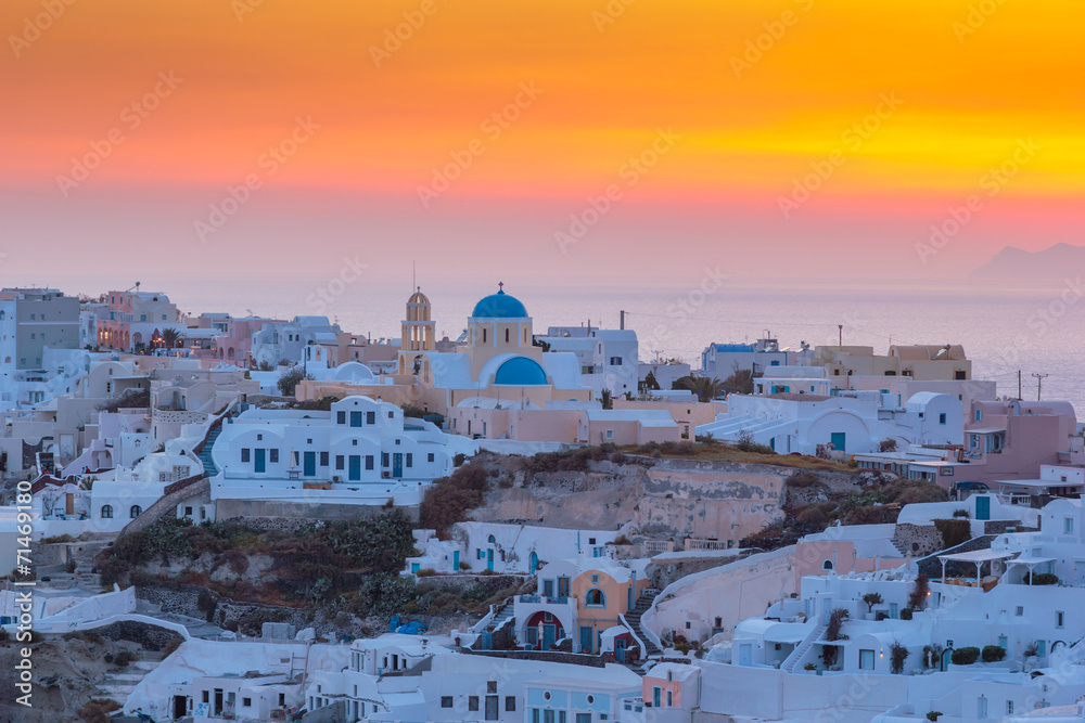 View on Oia in Santorini  at sunset
