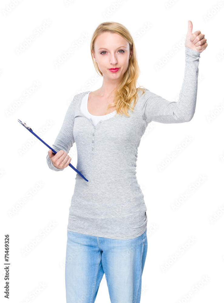 Woman with clipboard and thumb up Woman with clipboard and thumb up