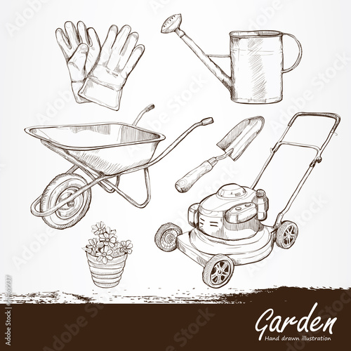 illustration of gardening tools. Hand drawn design