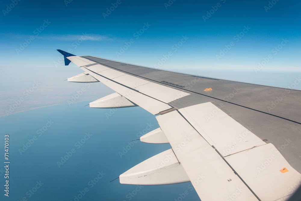 Airplane wing out of window