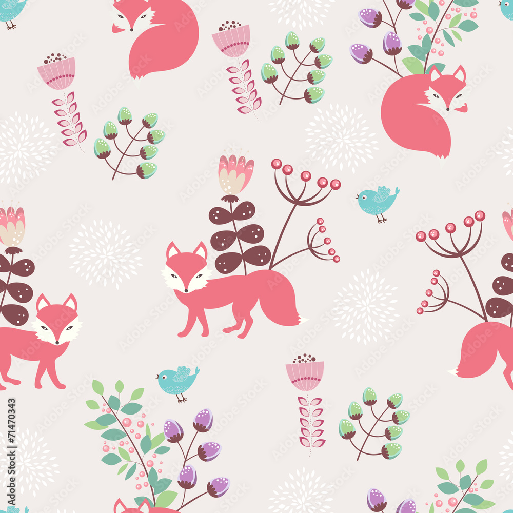 Foxes and flowers - vector seamless pattern - obrazy, fototapety, plakaty 