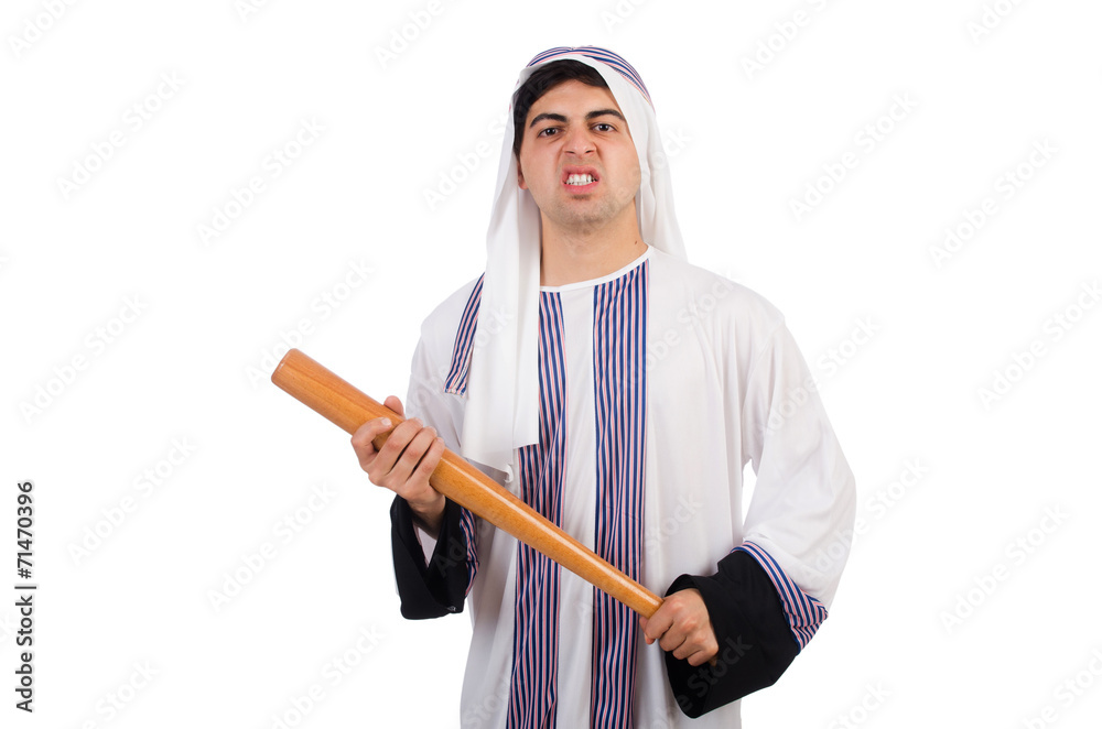 Arab man hitting with baseball bat isolated on white Arab man hitting with baseball bat isolated on white