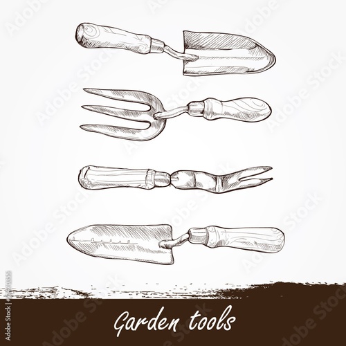 illustration of gardening tools. Hand drawn design