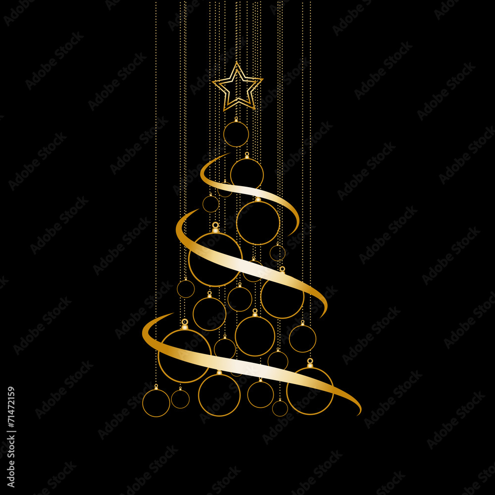 Vector Abstract Golden Christmas Tree on black background - obrazy, fototapety, plakaty 
