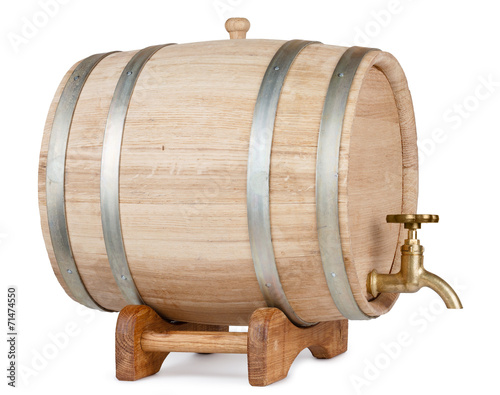 New oak wooden barrel on rack, isolated on white background