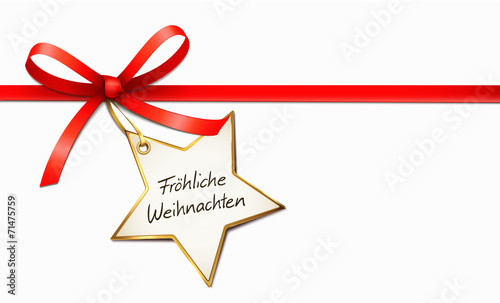 Rote Schleife, Stern-Etikett - Fröhliche Weihnachten