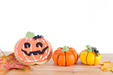 Halloween arrangement with cookie and pumpkins