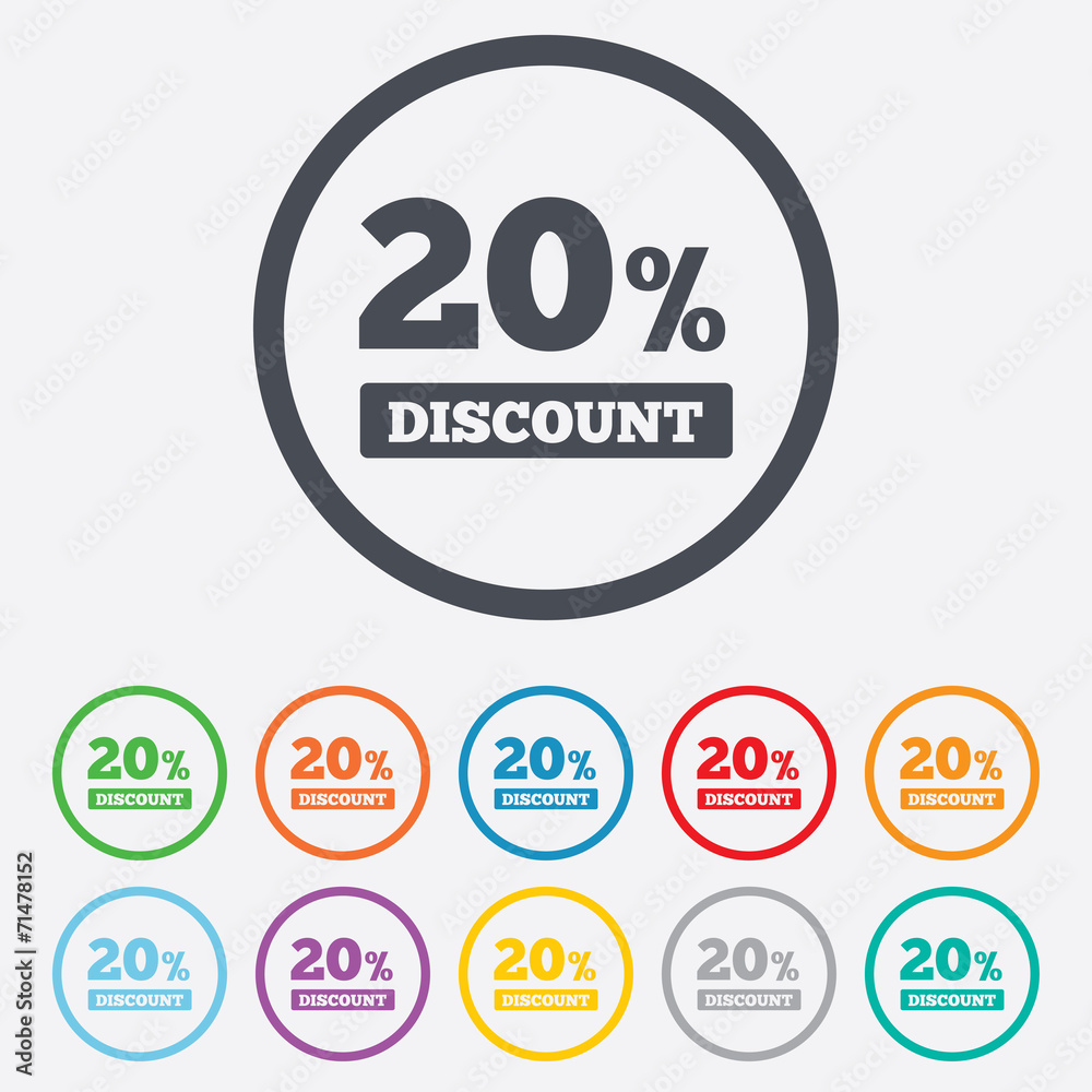 20 percent discount sign icon. Sale symbol. 20 percent discount sign icon. Sale symbol.