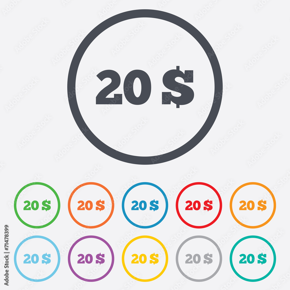 20 Dollars sign icon. USD currency symbol. 20 Dollars sign icon. USD currency symbol.