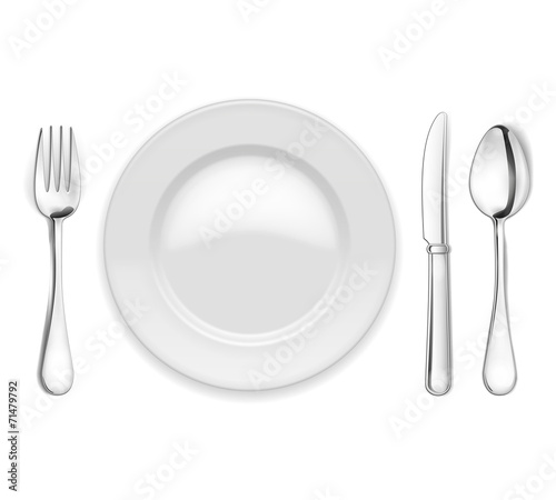 empty plate, spoon and fork