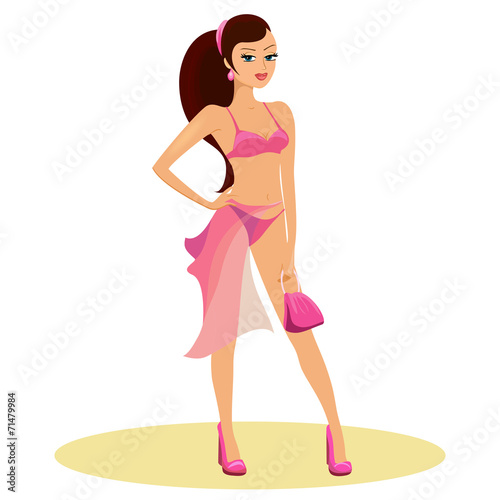 Fashionable woman wearing pink two-piece swimsuit