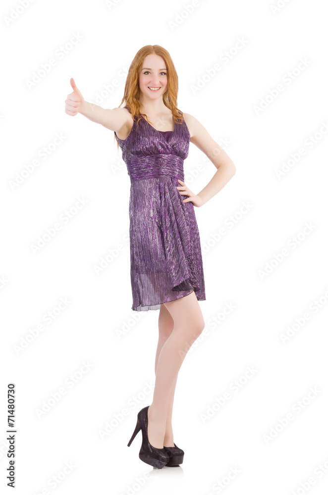 Woman giving thumbs up isolated on white