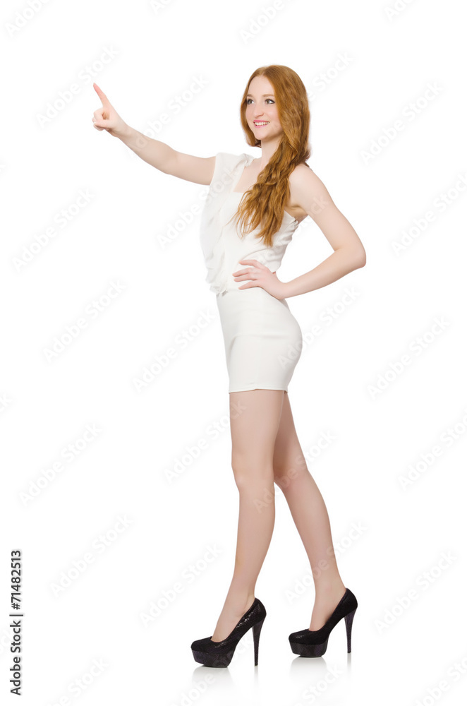 Woman pressing virtual button isolated on white Woman pressing virtual button isolated on white