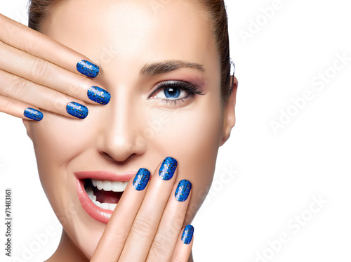 Happy People. Beautiful Girl Laughing. Nail Art and Makeup