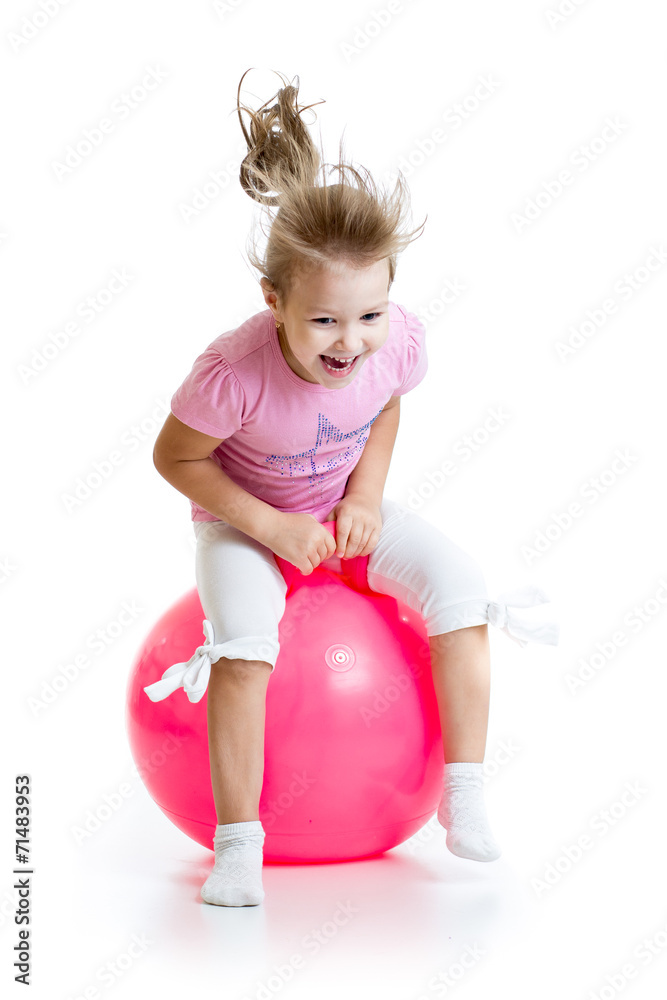 happy child jumping on bouncing ball. Isolated on white happy child jumping on bouncing ball. Isolated on white