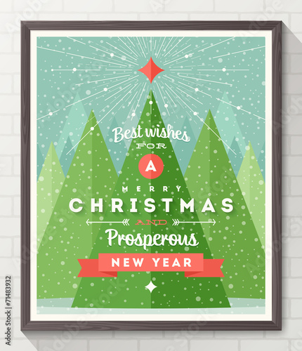 Wooden frame with flat and type design Christmas poster
