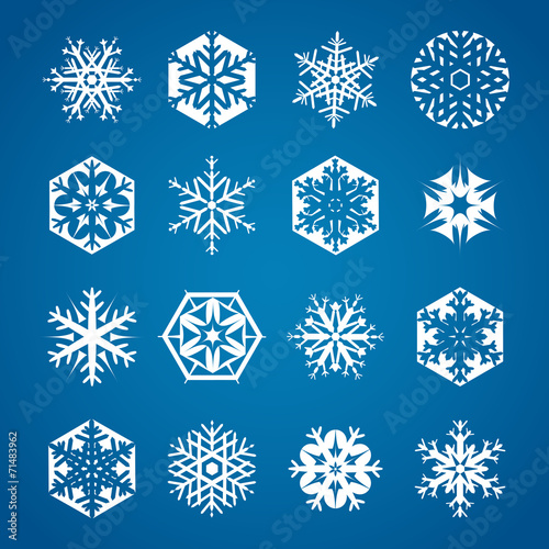 Collection of 16 white snowflakes on blue background