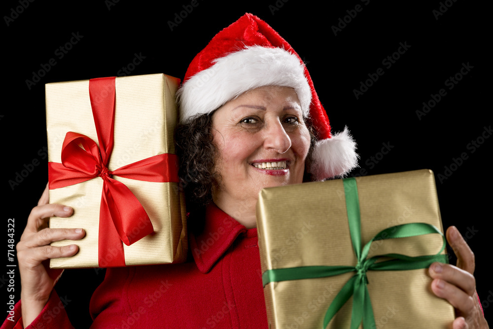 Cheerful Old Lady with Two Wrapped Golden Gifts . Cheerful Old Lady with Two Wrapped Golden Gifts .