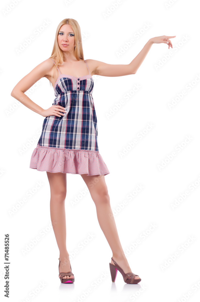 Woman pressing virtual button isolated on white Woman pressing virtual button isolated on white