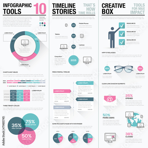 Flat long shadow pink and blue creative infographic vector set