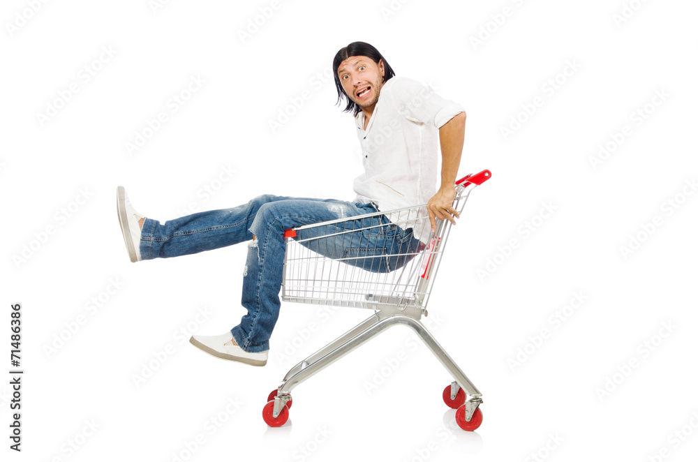 Man shopping with supermarket basket cart isolated on white