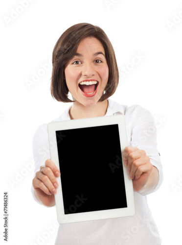 Happy woman presenting a digital tablet