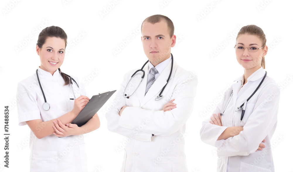 three young attractive doctors isolated on white