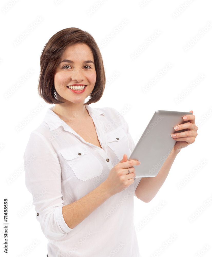 Smiling woman using an electronic tablet Smiling woman using an electronic tablet