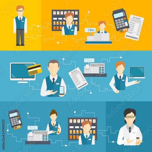 Set icons salesman flat banners set