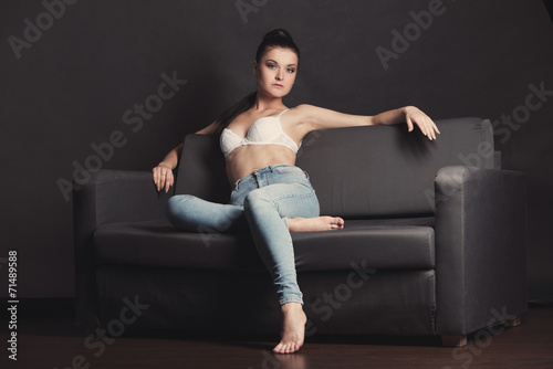 sexy girl in bra and jeans