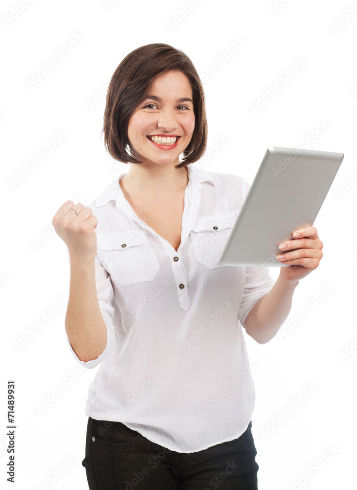 Cheerful young brunette and touchpad Cheerful young brunette and touchpad