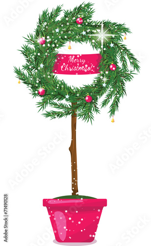 Christmas wreath topiary in a pot.