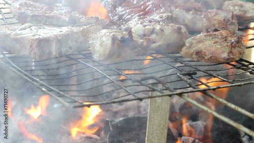 Outdoor Barbecue Cooking Flames - Meat on the Grill