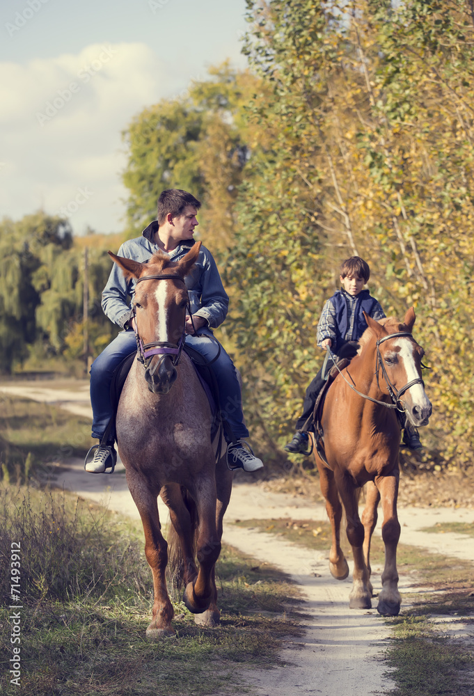 horse ride young guy autumn forest horse ride young guy autumn forest