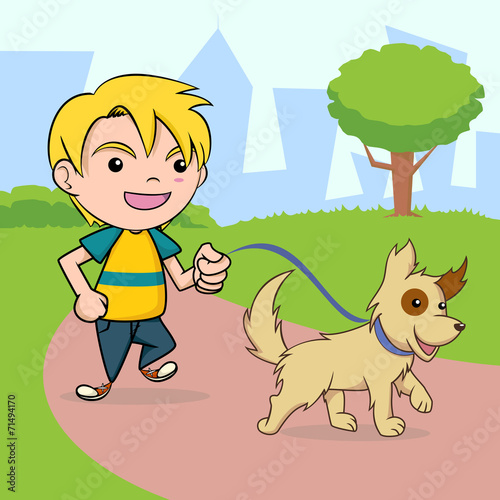 Kid walking dog in park, vector illustration