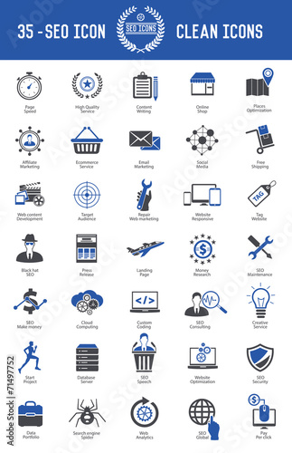 SEO development icon set on white background,blue version