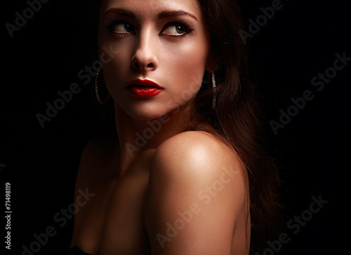 Beautiful mysterious red lips woman looking with fear