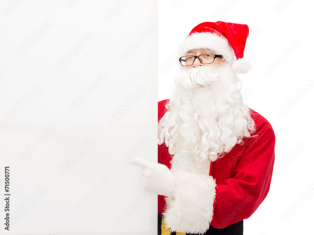 man in costume of santa claus with billboard man in costume of santa claus with billboard