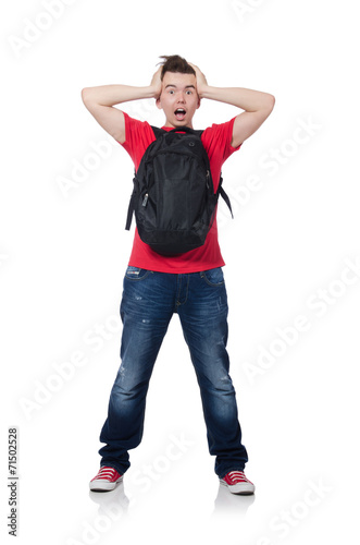 Man with backpack isolated on white