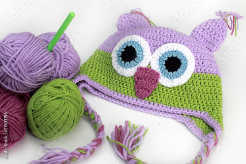 colorful knitting owl hat, skein, hook