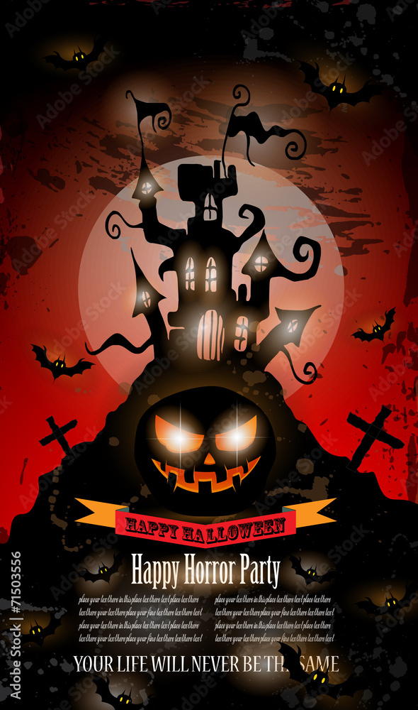 Halloween Party Flyer with creepy colorful elements - obrazy, fototapety, plakaty 