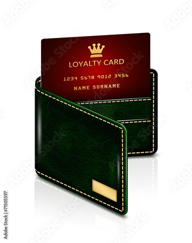 loyalty card in green wallet isolated over white