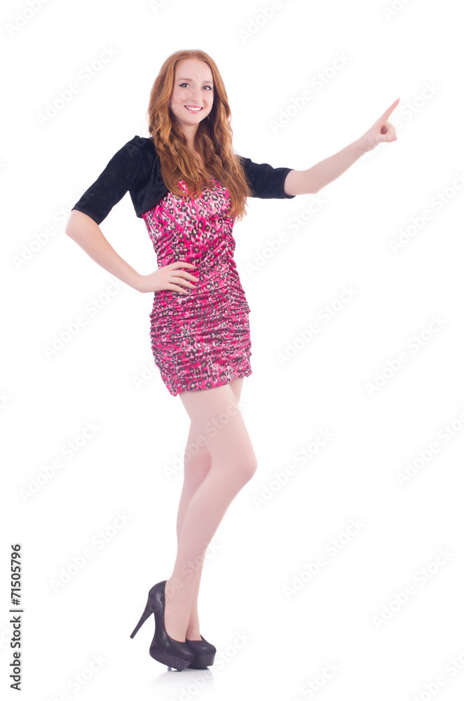 Woman pressing virtual button isolated on white Woman pressing virtual button isolated on white