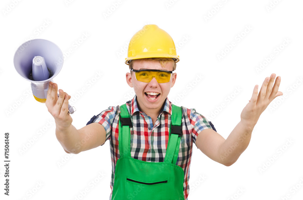 Funny construction worker with loudspeaker on white