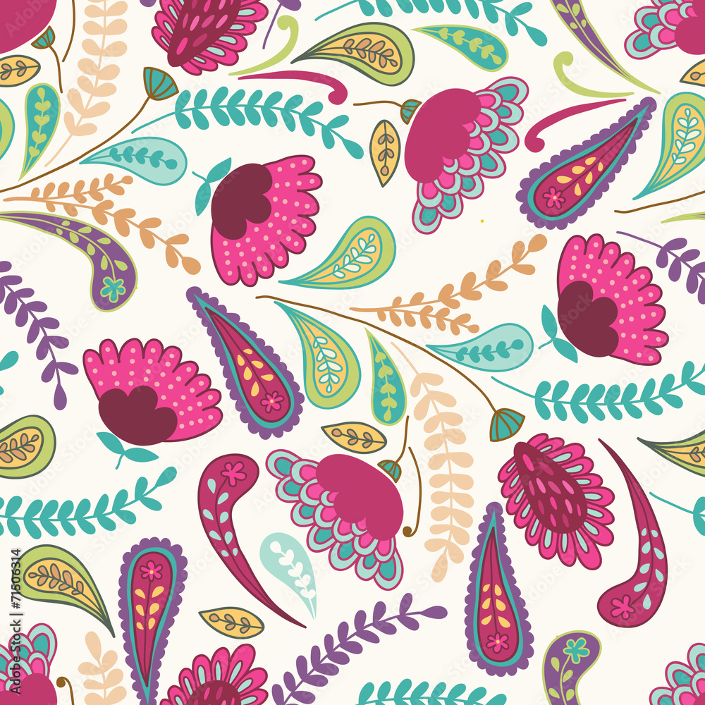 Vector seamless hand-drawn pattern with decorative flowers and l Vector seamless hand-drawn pattern with decorative flowers and l