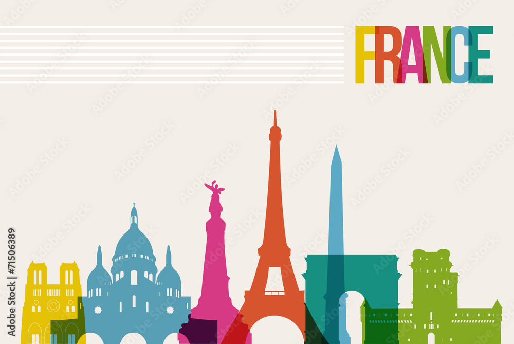 Travel France destination landmarks skyline illustration - obrazy, fototapety, plakaty 