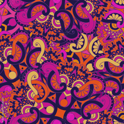 Hand-drawn doodle waves floral pattern, abstract green leaves an