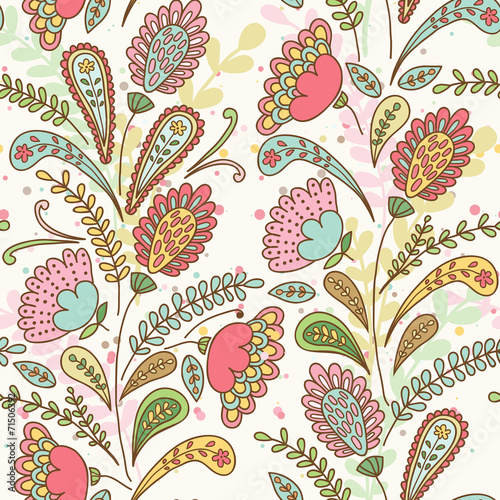 Vector seamless hand-drawn pattern with decorative flowers and l