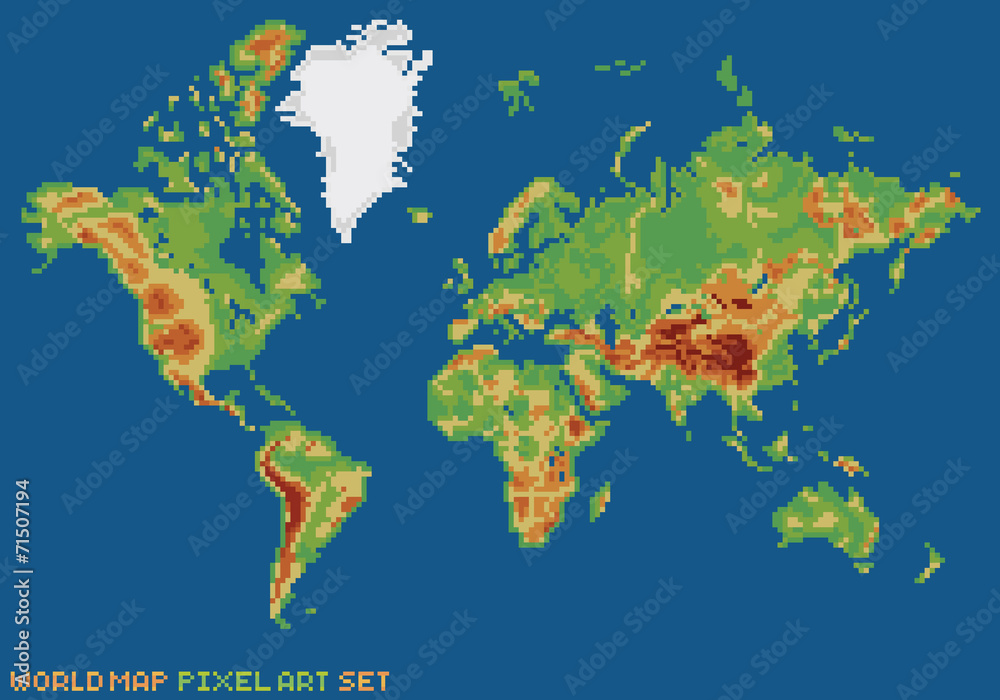 pixel art style illustration world physical map