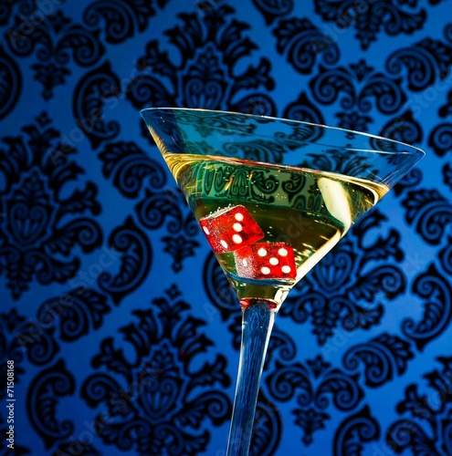 Canvas Print red dice in the cocktail glass on blue vintage victorian damask